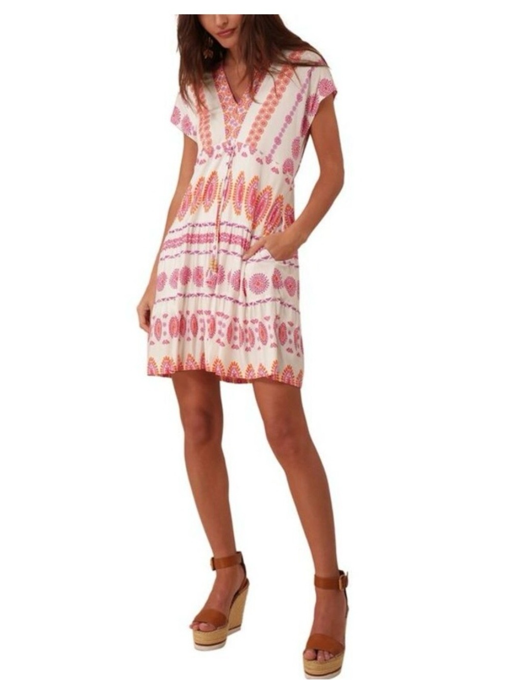 Hale Bob Boho Jersey Medallion Print Mini Dress S Pink Orange Festival Resort